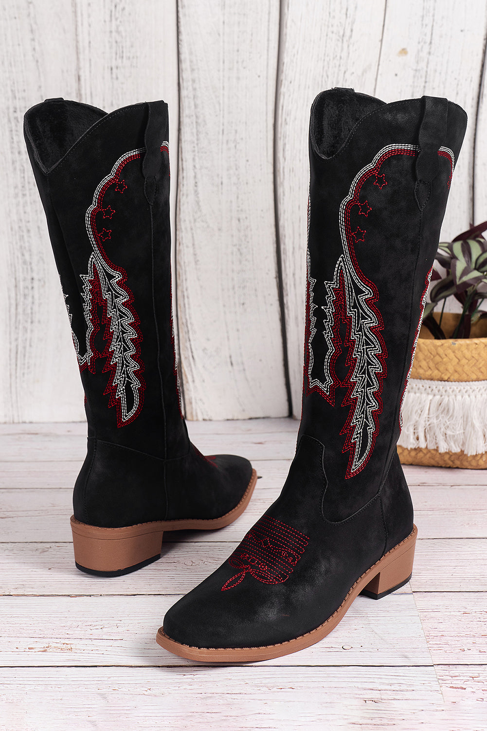 Black Geometric Embroidery Slip On Cowgirl Boots