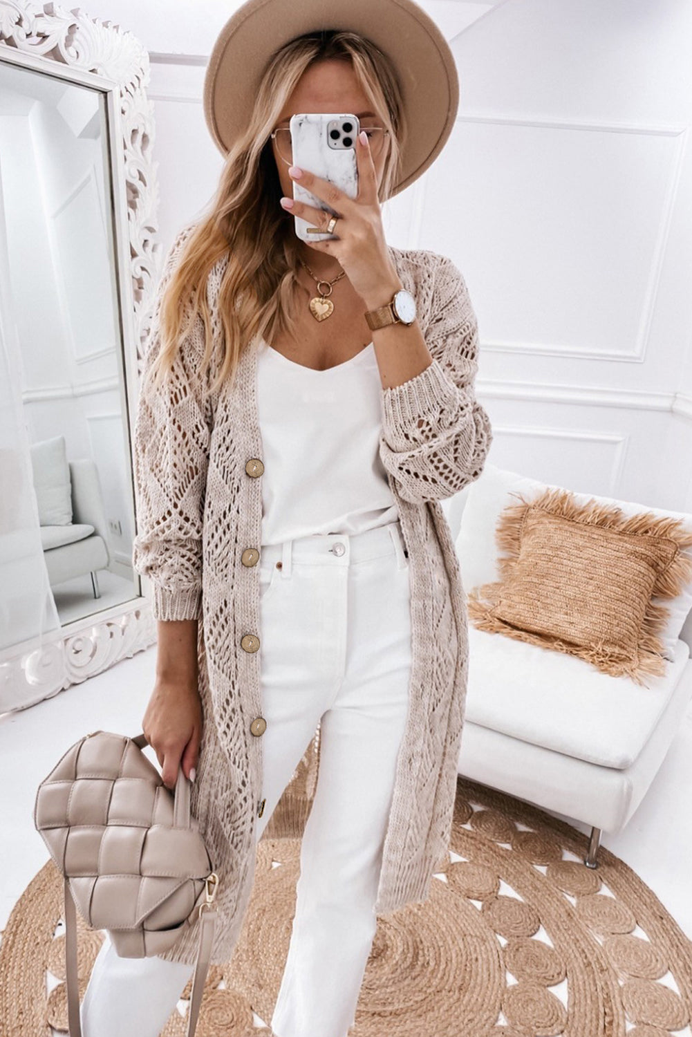 Khaki Hollow-out Openwork Knit Cardigan