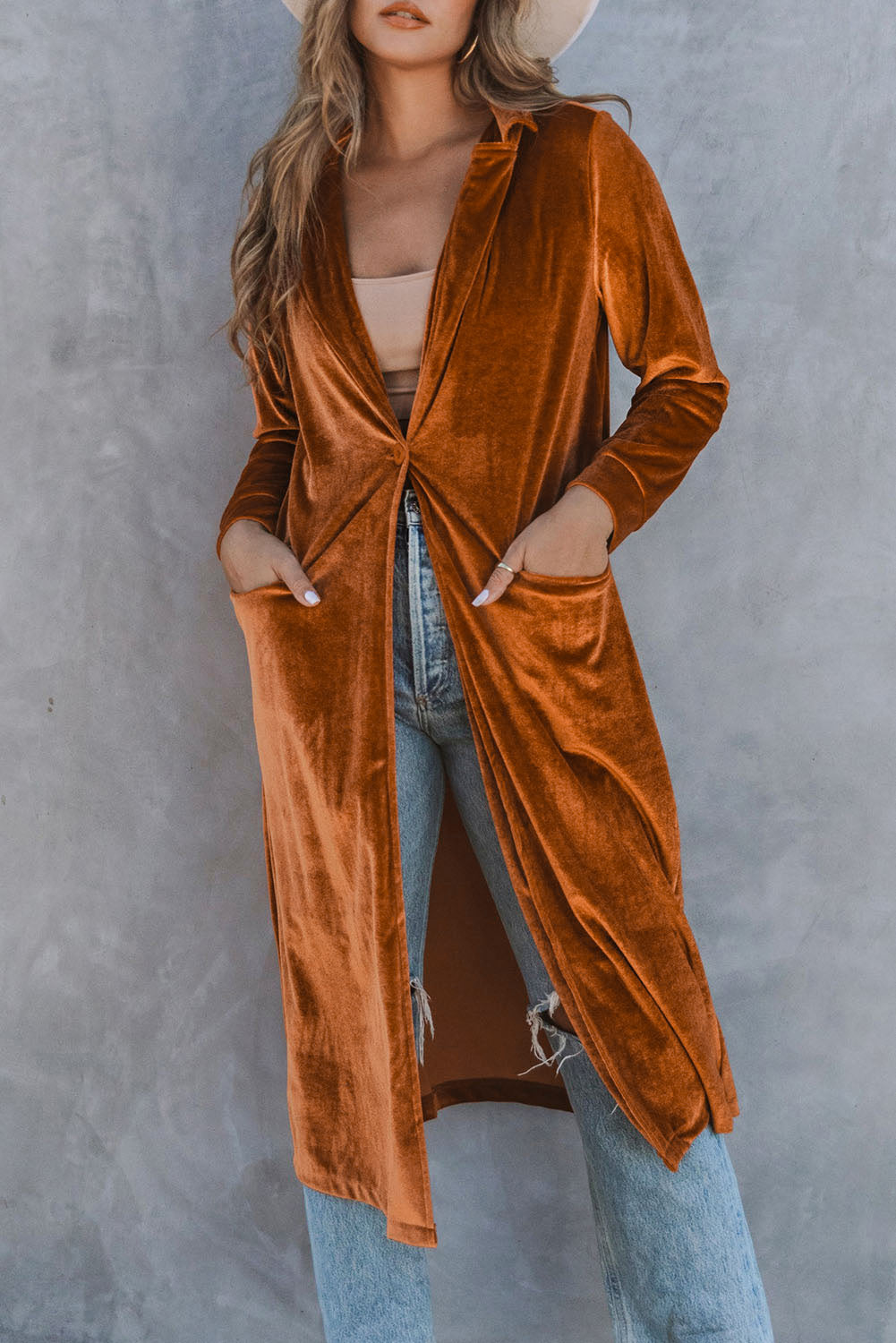 Brown Casual Velvet Lapel Pocket Long Coat