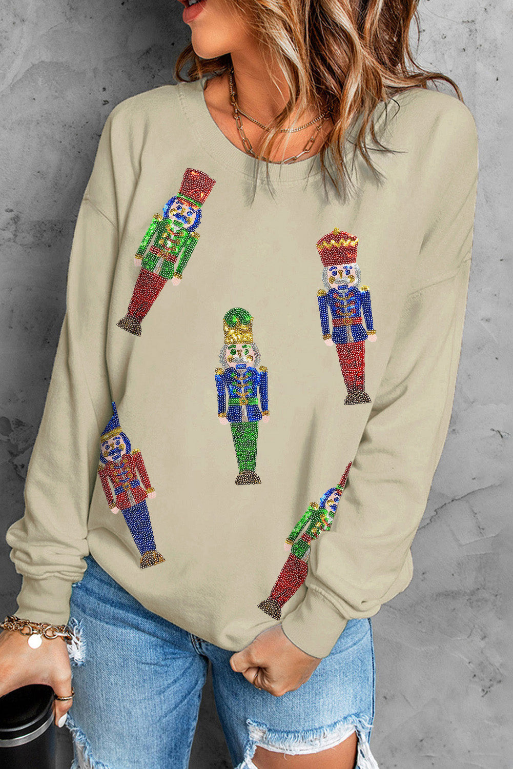 Khaki Sequins Nutcracker Casual Graphic Sweatshirt