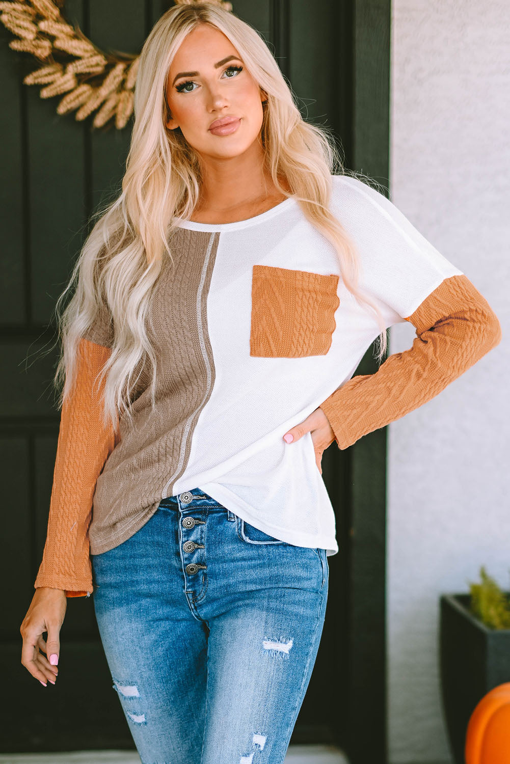 Orange Long Sleeve Colorblock Chest Pocket Textured Knit Top