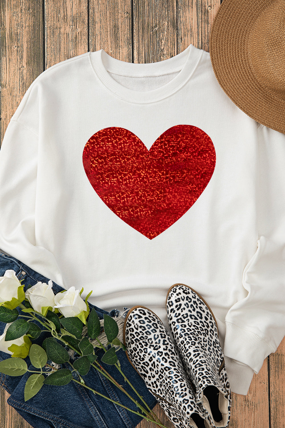 Beige Glitter Valentine Heart Graphic Sweatshirt