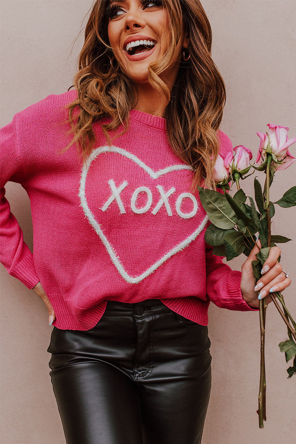 Rose Heart XOXO Pattern Casual Knitted Sweater