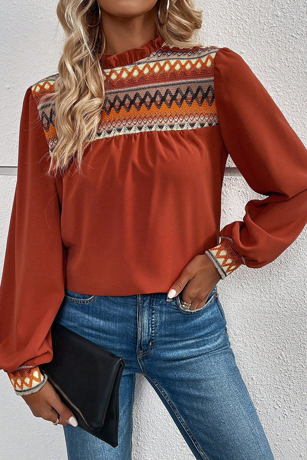 Clay Red Geometric Frilled Neck Puff Sleeve Blouse