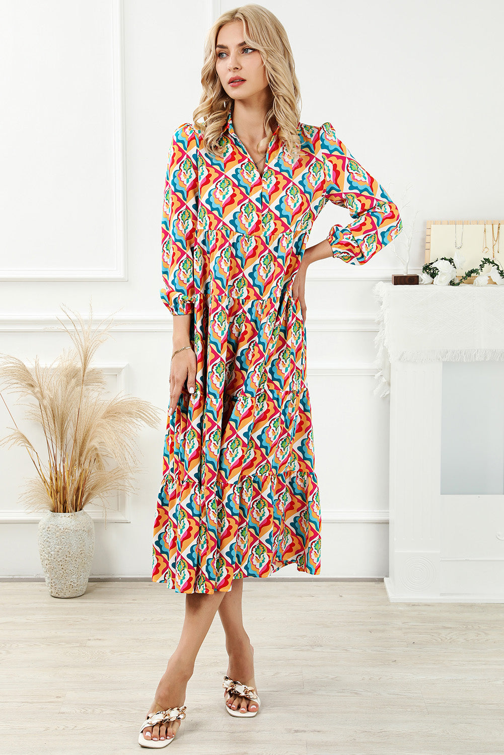 Multicolor Abstract Geometric Print Long Sleeve High Waist Dress