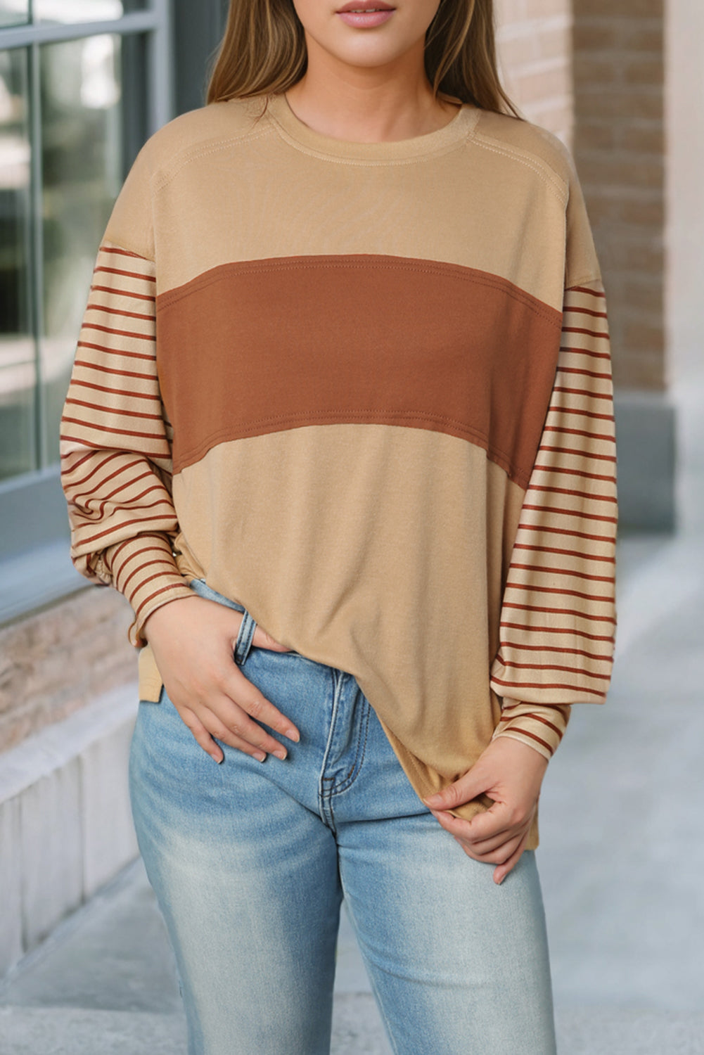 Flaxen Colorblock Striped Bishop Sleeve Top