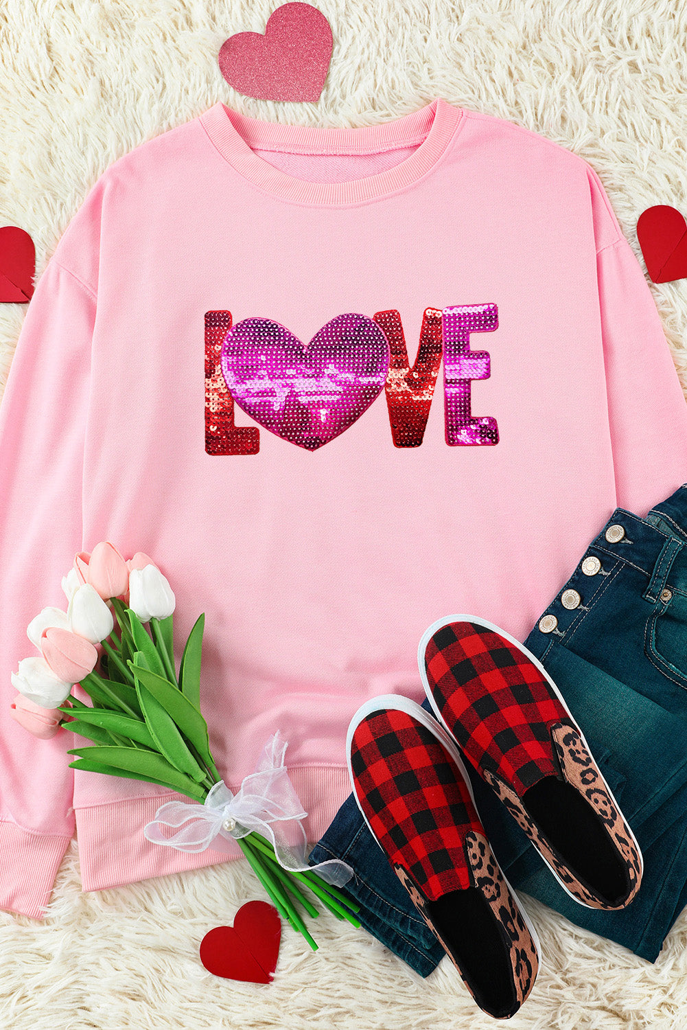 Pink LOVE Patched Pattern Drop Shoulder Valentines Pullover Sweatshirt