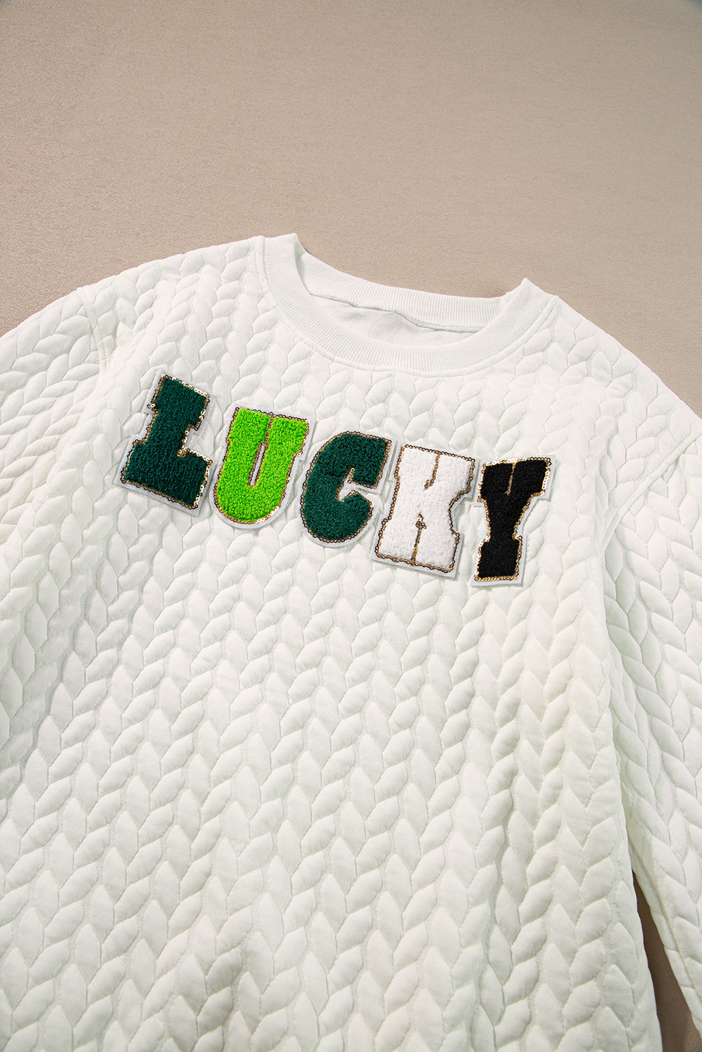 White Lucky Letter Patched Quilted Sweatshirt