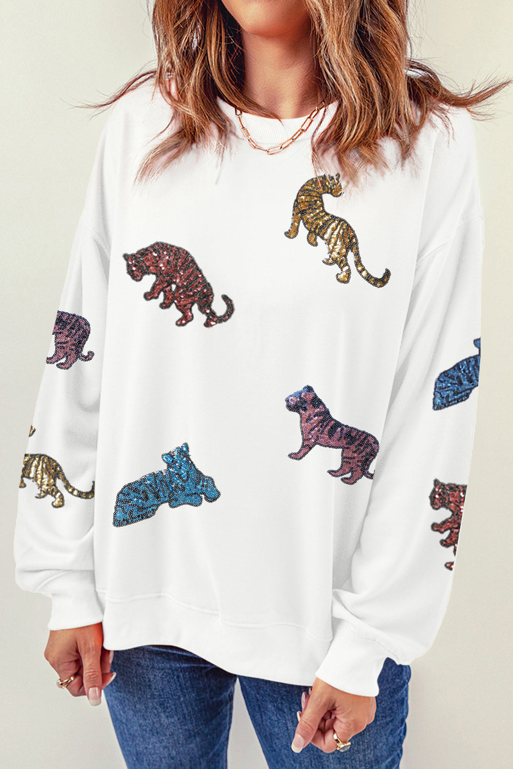 Beige Casual Sequin Tiger Graphic Round Neck Sweatshirt