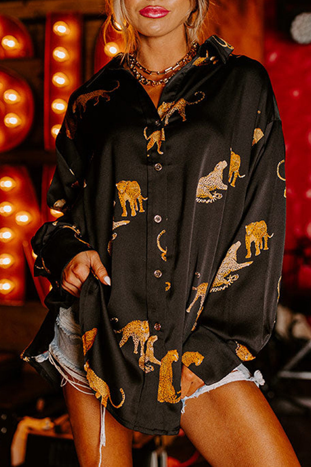 Russet Orange Animal Print Button Up Satin Tunic Shirt