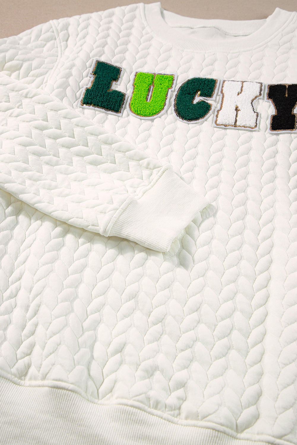 White Lucky Letter Patched Quilted Sweatshirt