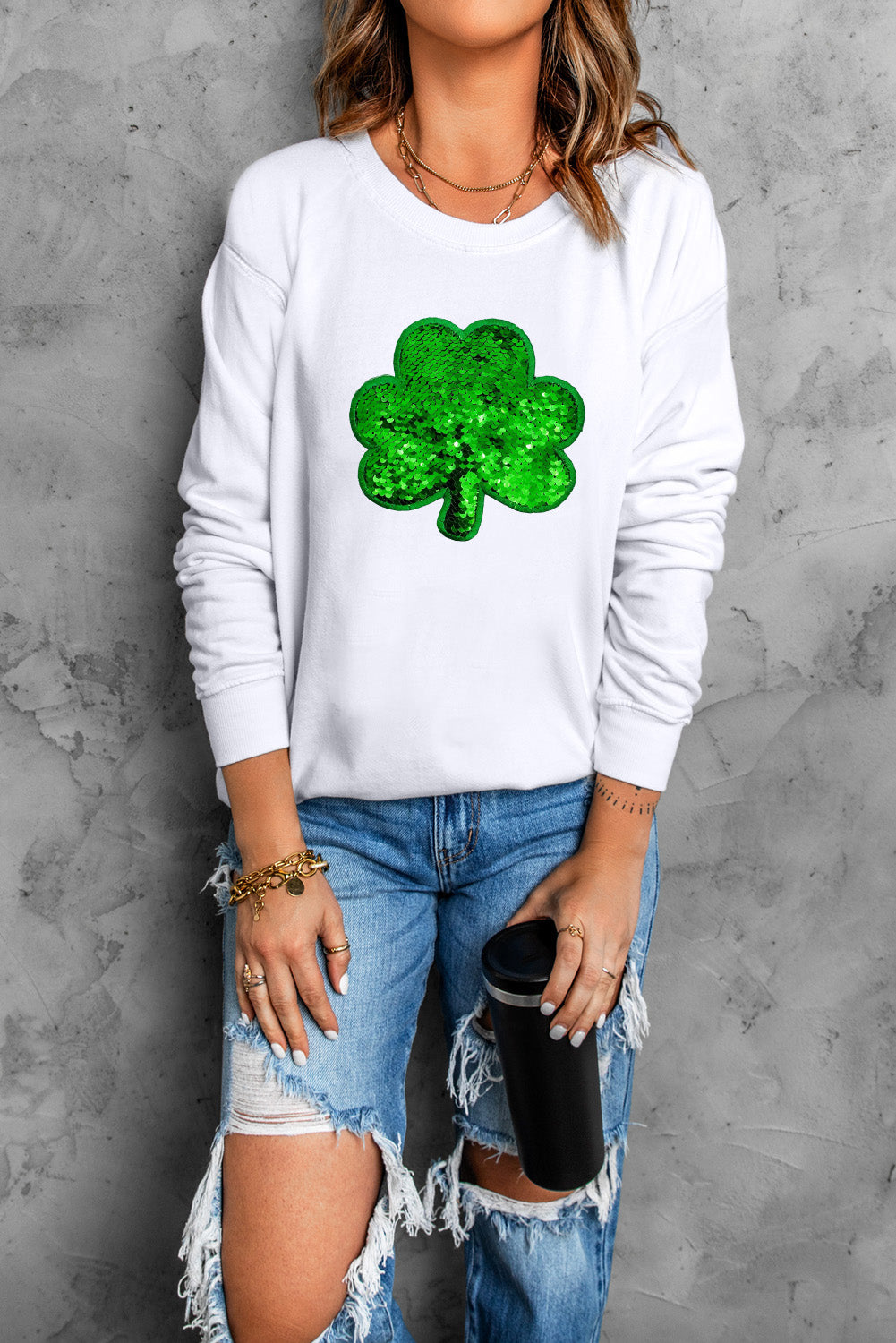 White Sequin Clover Embroidered Drop Shoulder Graphic Sweatshirt