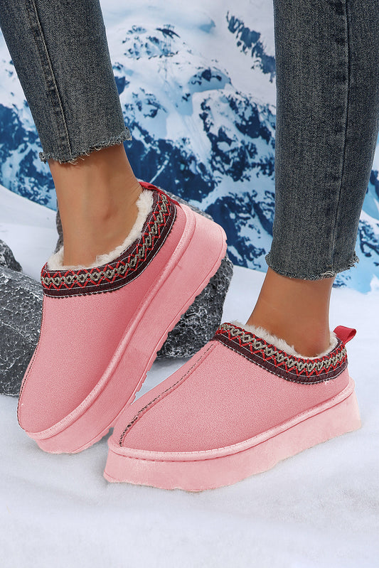 Pink Suede Contrast Print Round Toe Plush Lined Flats