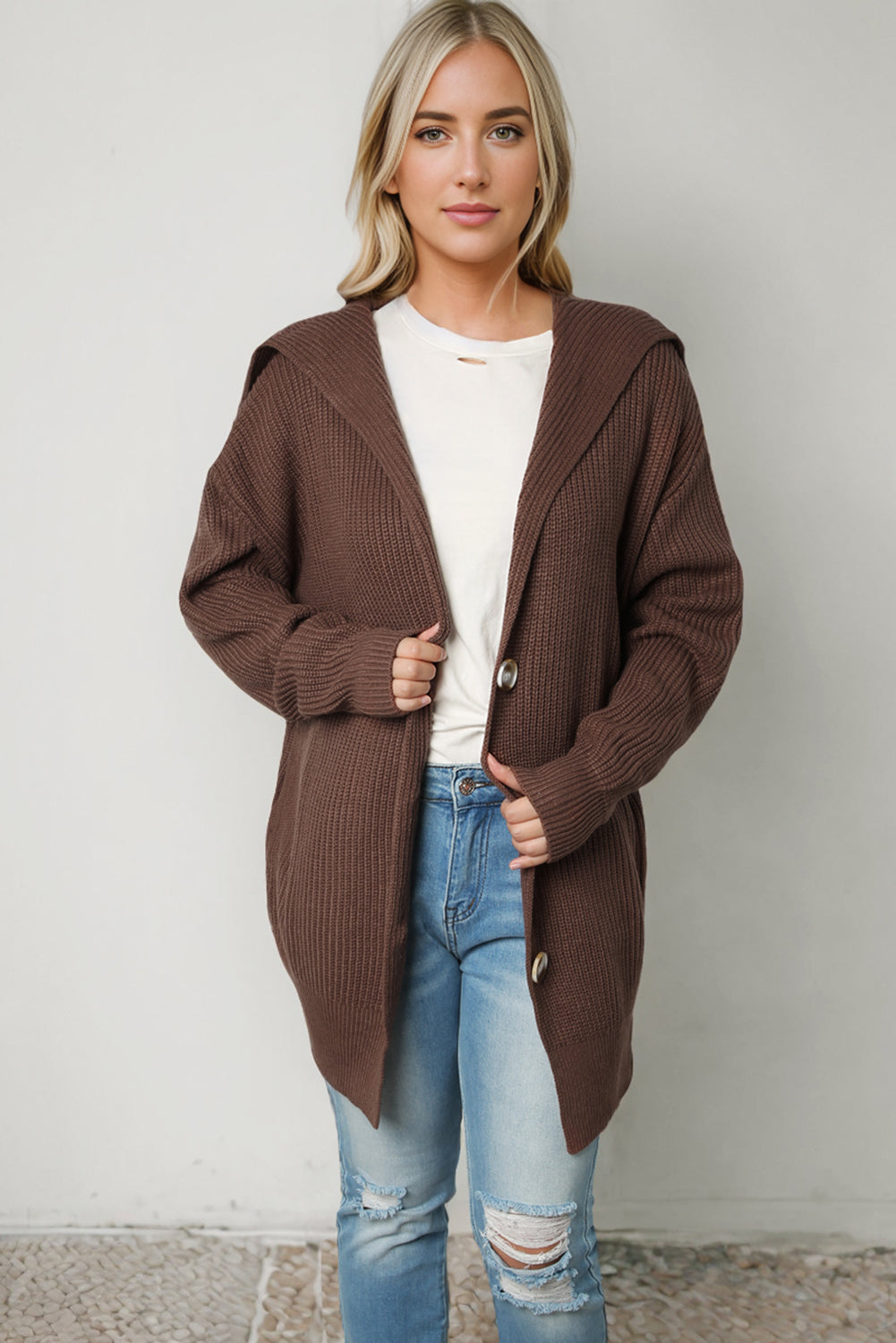 Brown Chunky Knit Lapel Collar Button up Cardigan