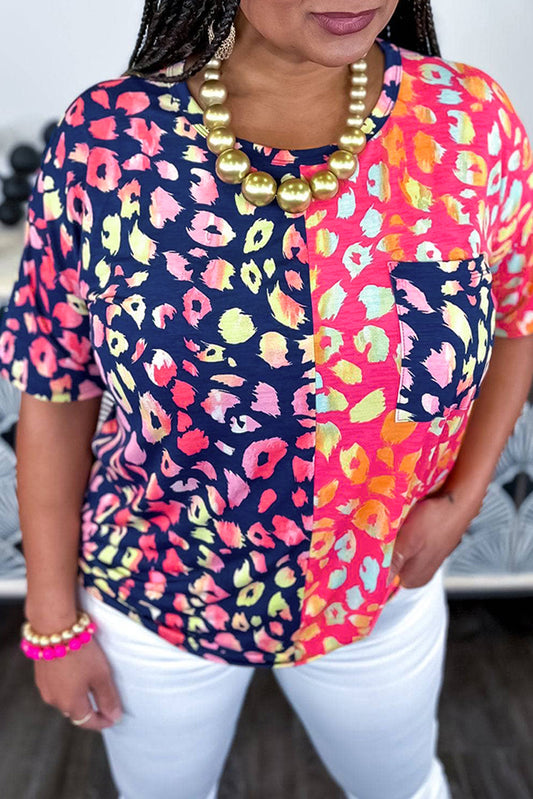 Leopard Colorblock Short Sleeve Plus Size Top