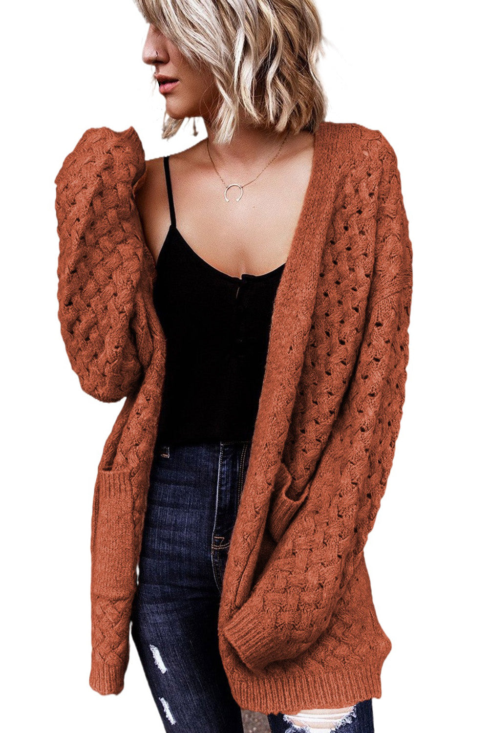 Brown Open Front Woven Texture Knitted Cardigan with Pockets