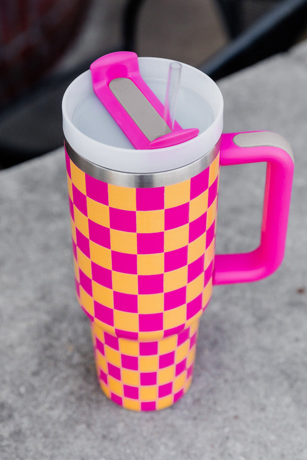 Ginger Pink Checkered Print Handled Stainless Steel Tumbler Cup