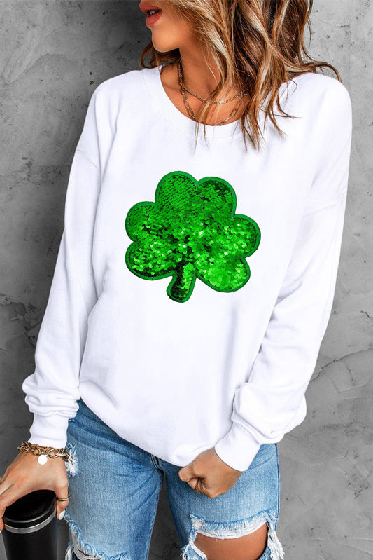 White Sequin Clover Embroidered Drop Shoulder Graphic Sweatshirt