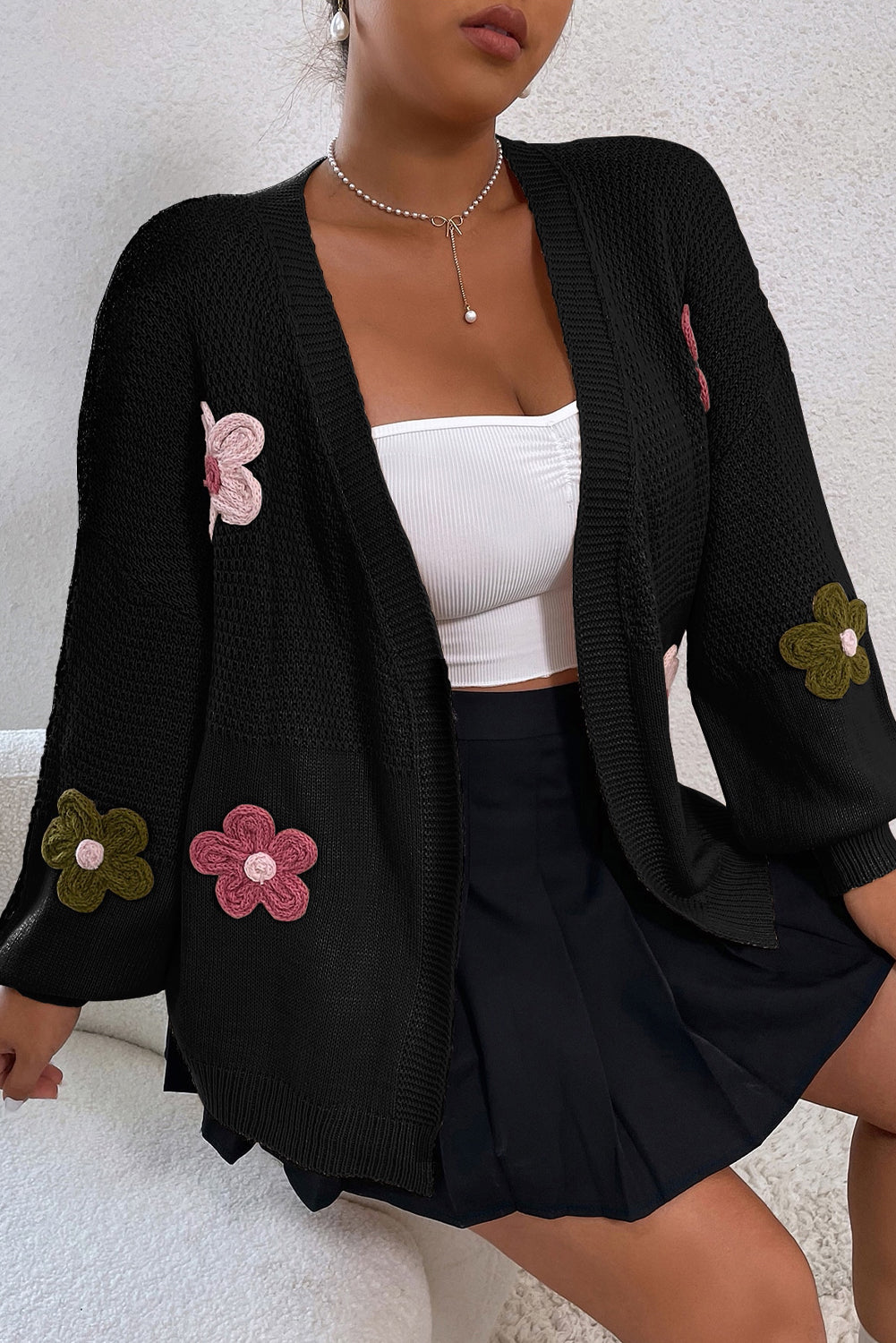 Black Floral Applique Drop Shoulder Bubble Sleeve Cardigan