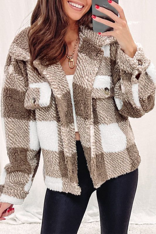 Khaki Plaid Sherpa Buttoned Flap Pocket Shacket