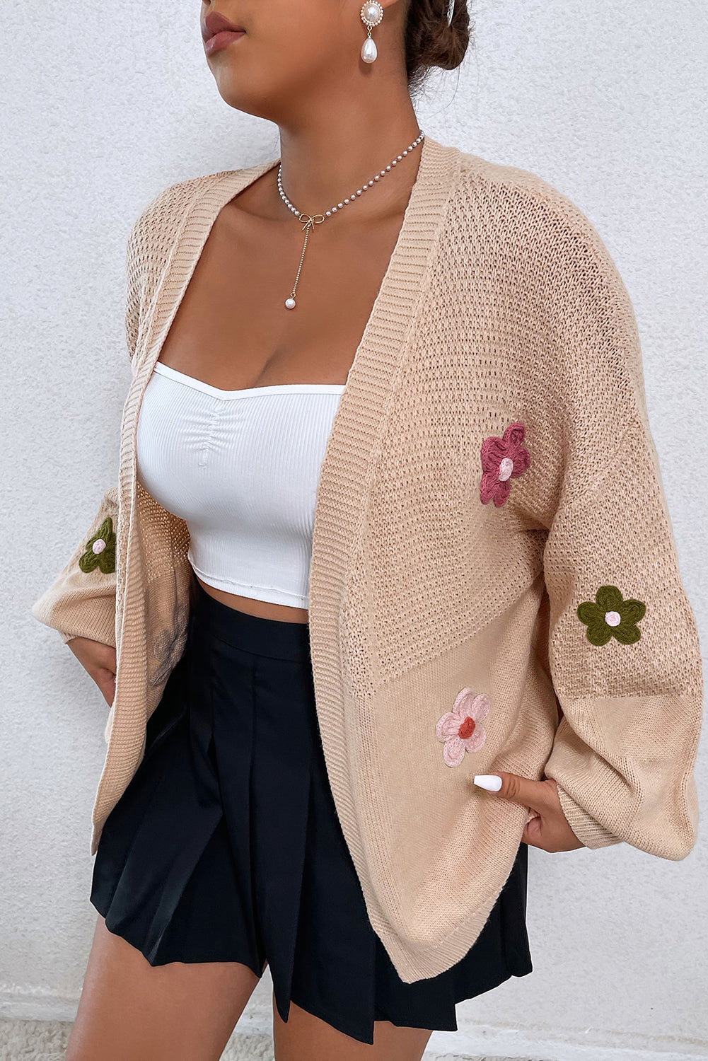 Black Floral Applique Drop Shoulder Bubble Sleeve Cardigan