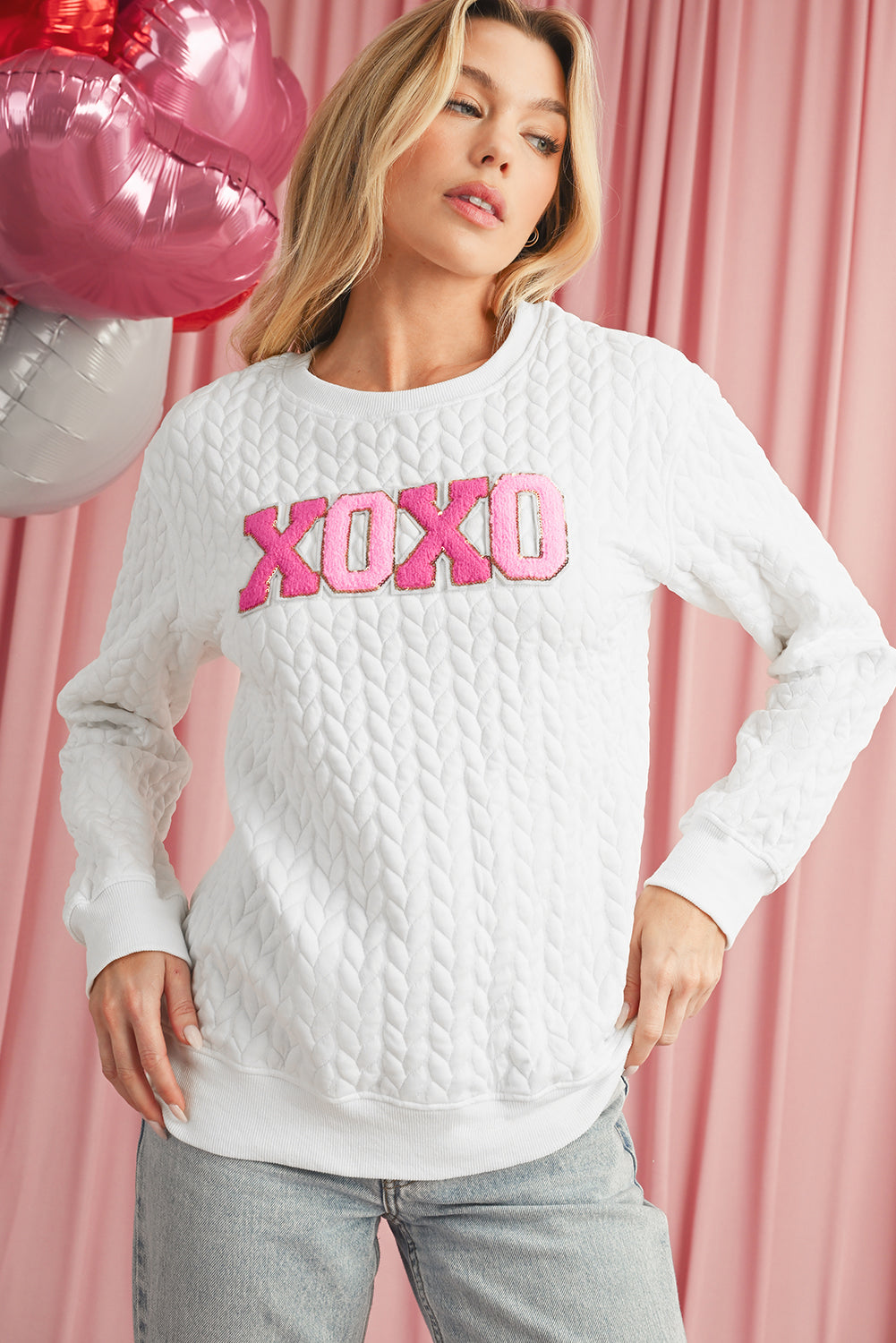 White Lucky Letter Patched Quilted Sweatshirt