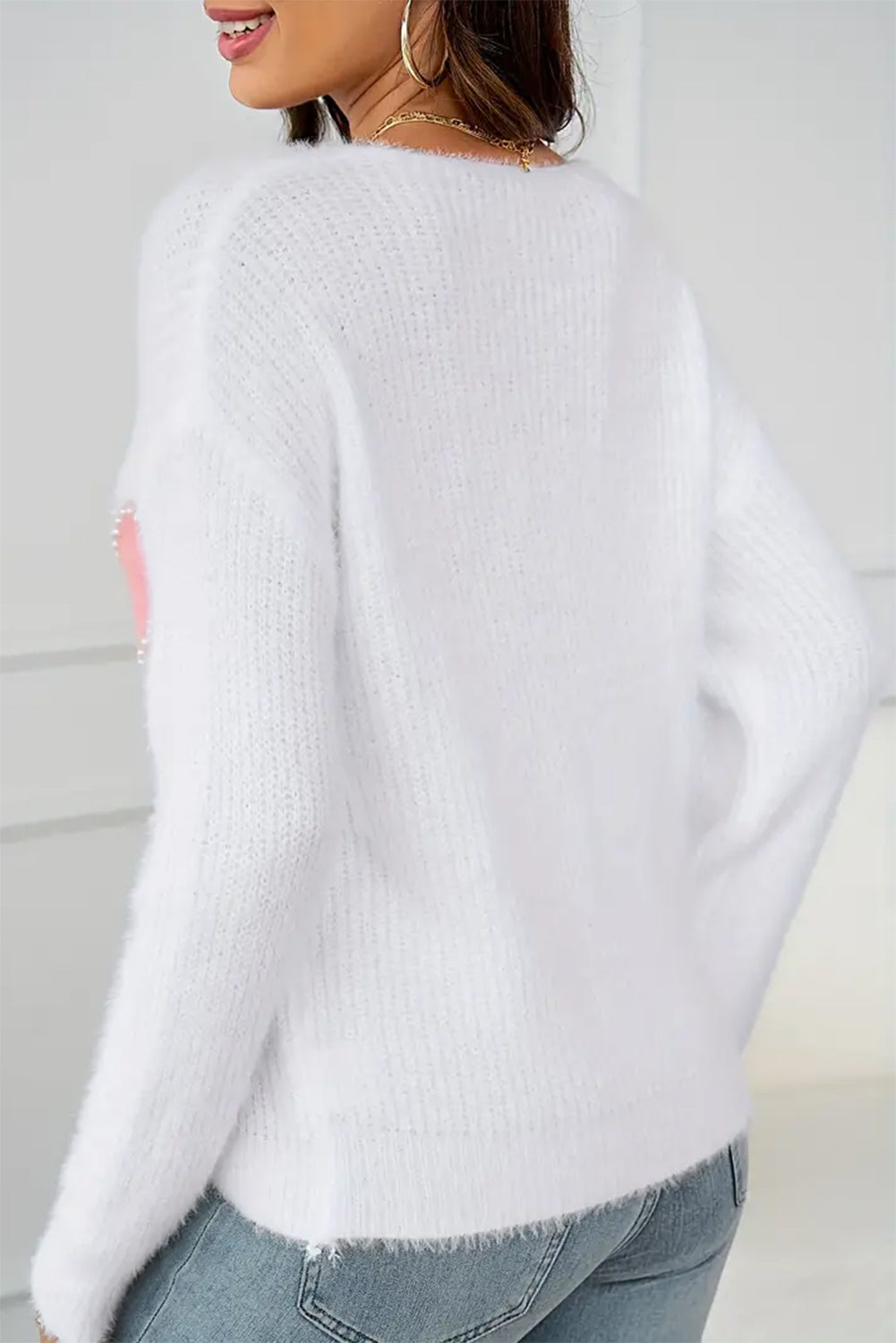 White Pearl Heart Pattern V Neck Knit Sweater