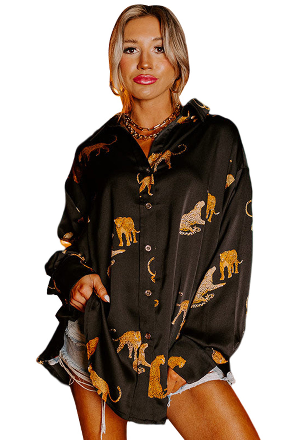 Russet Orange Animal Print Button Up Satin Tunic Shirt