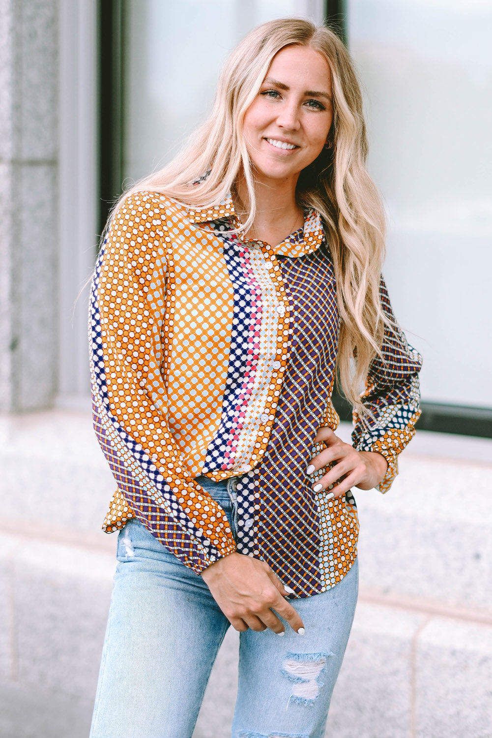 Brown Dot Print Long Sleeve Button Down Shift Shirt