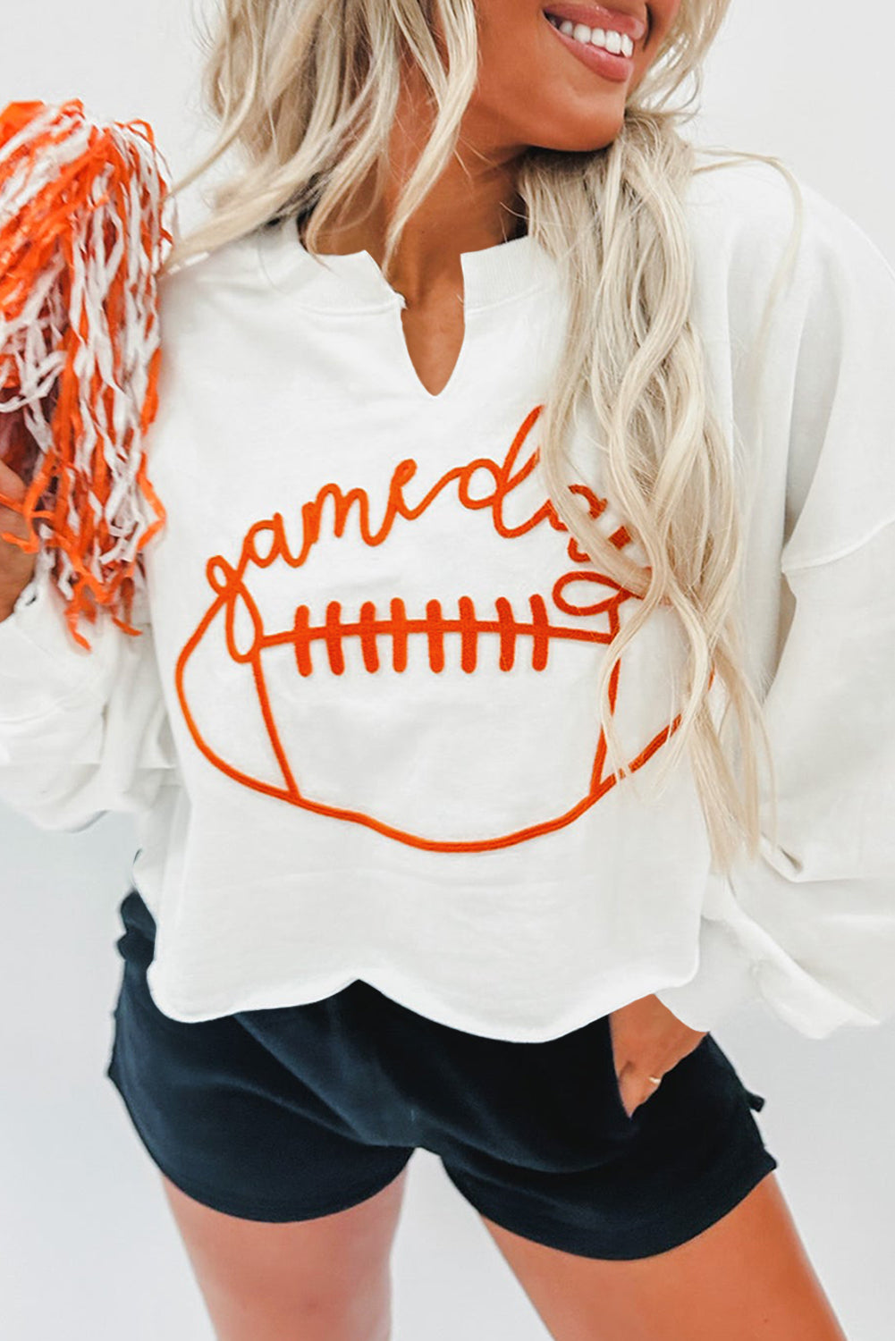 Bright White Game Day Lettering Rugby Notched Neck Sweatshirt