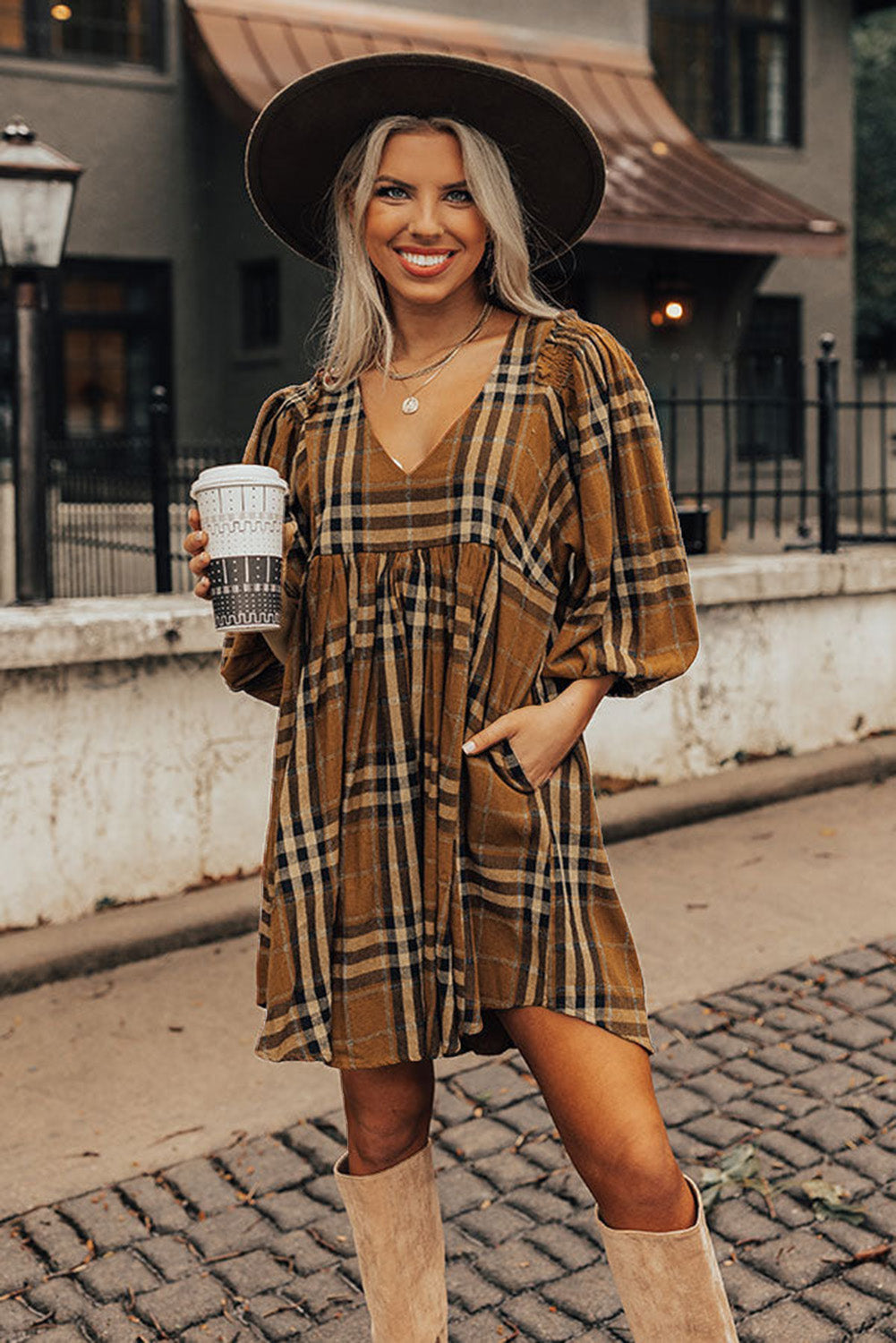 Brown Plaid Pattern Empire Waist Babydoll Dress