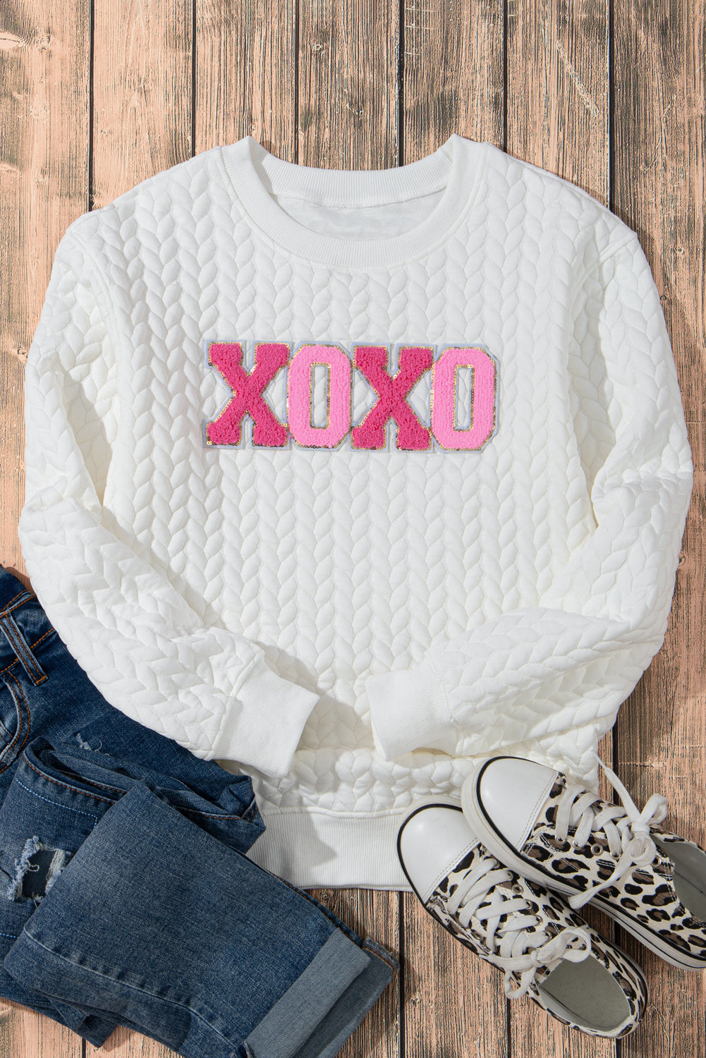 White Lucky Letter Patched Quilted Sweatshirt