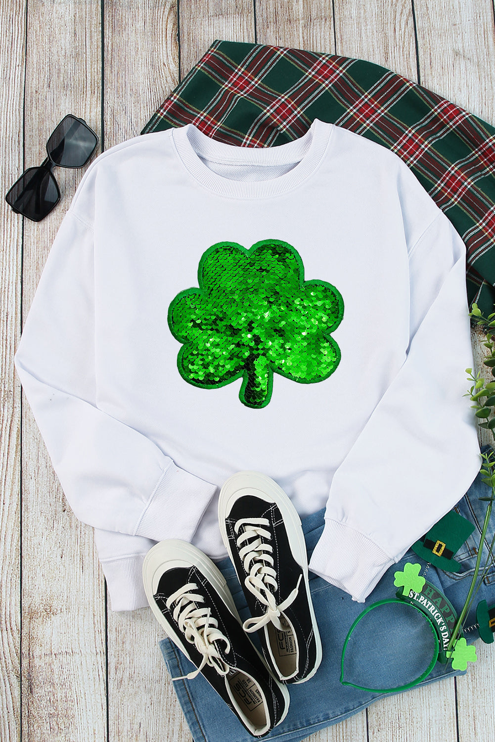 White Sequin Clover Embroidered Drop Shoulder Graphic Sweatshirt