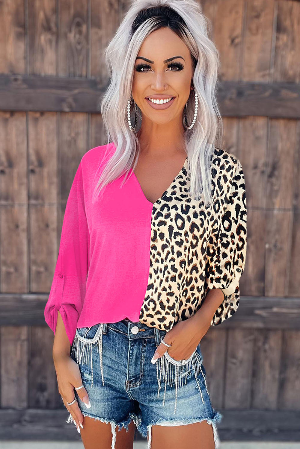 Rose Leopard Color Block Roll Tab Sleeve V Neck Top