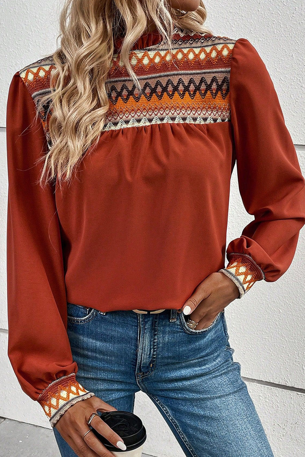 Clay Red Geometric Frilled Neck Puff Sleeve Blouse