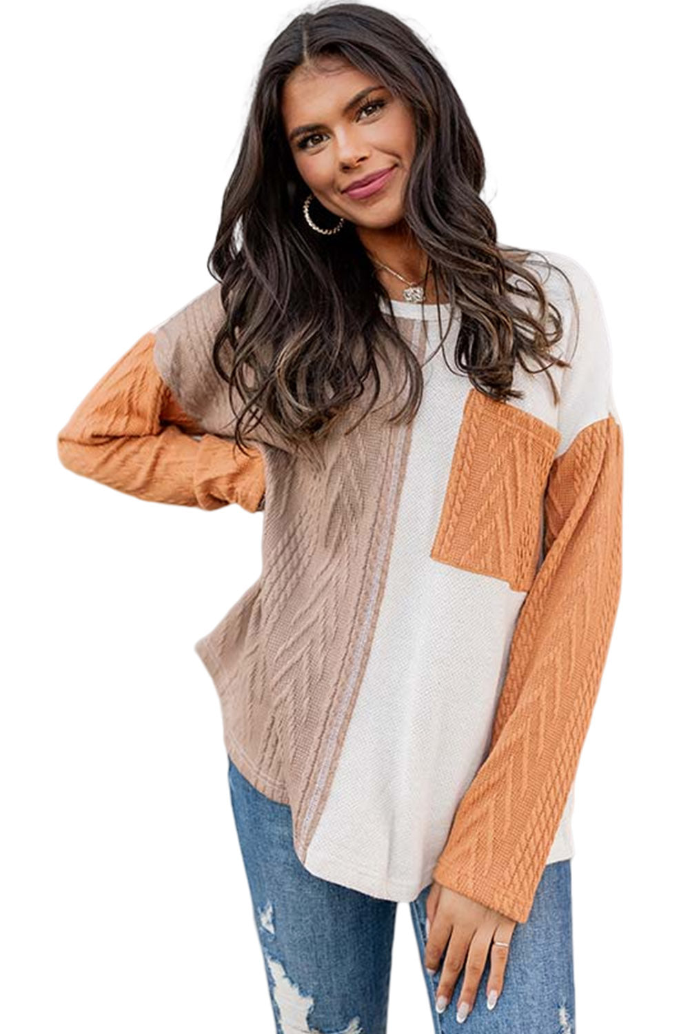 Orange Long Sleeve Colorblock Chest Pocket Textured Knit Top