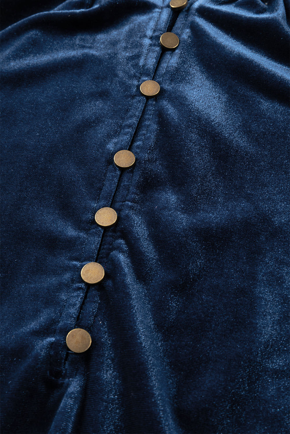 Navy Blue Frilled Neck Buttoned Front Velvet Top
