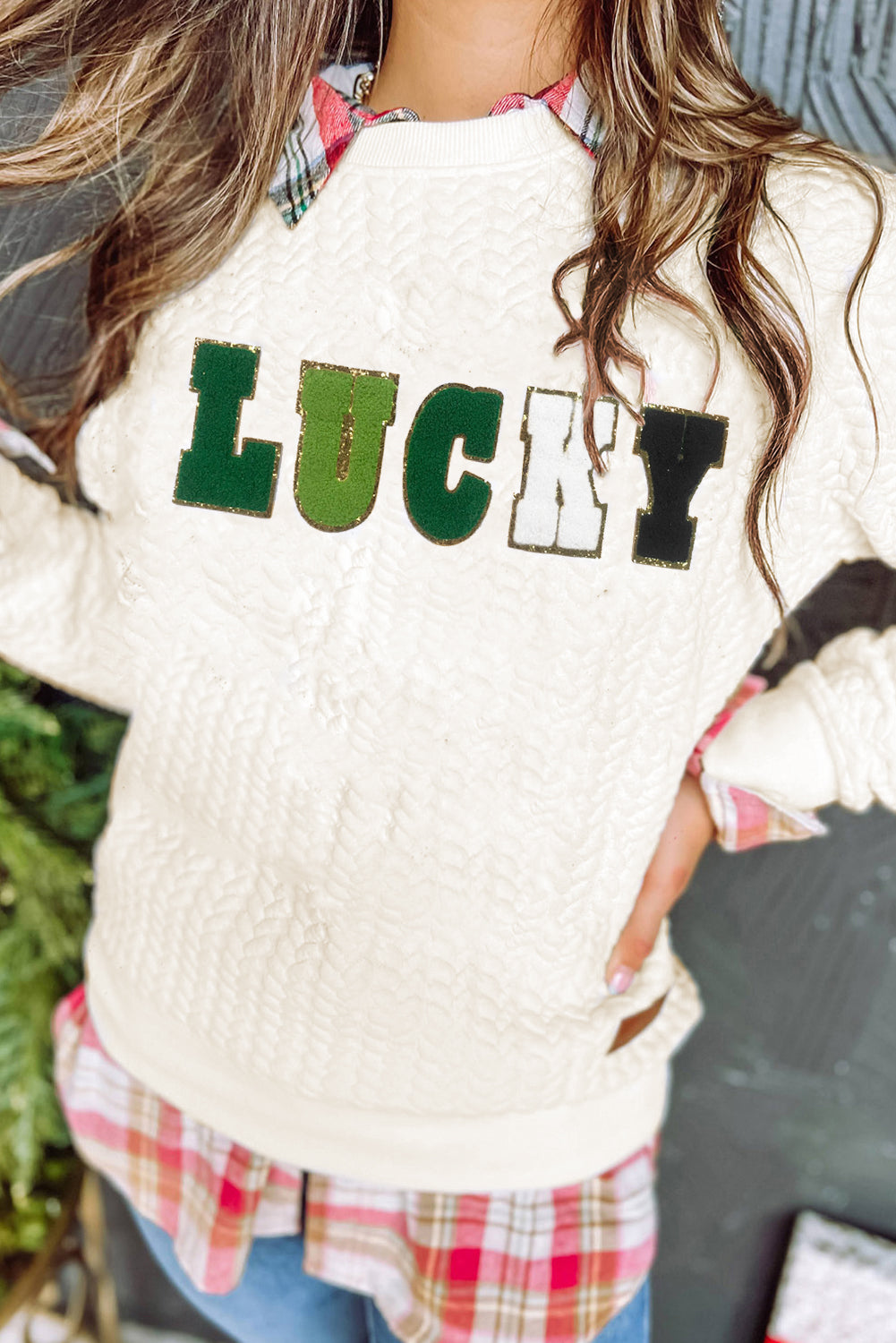 White Lucky Letter Patched Quilted Sweatshirt