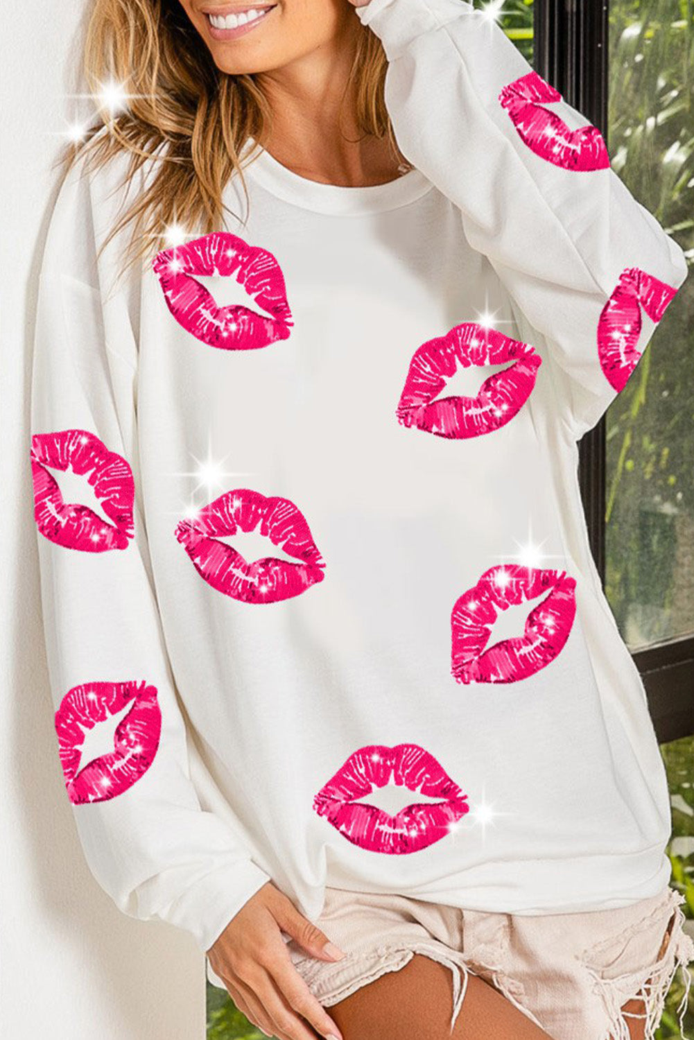 White Valentine's Day Lip Print Sequin Label Graphic Sweatshirt