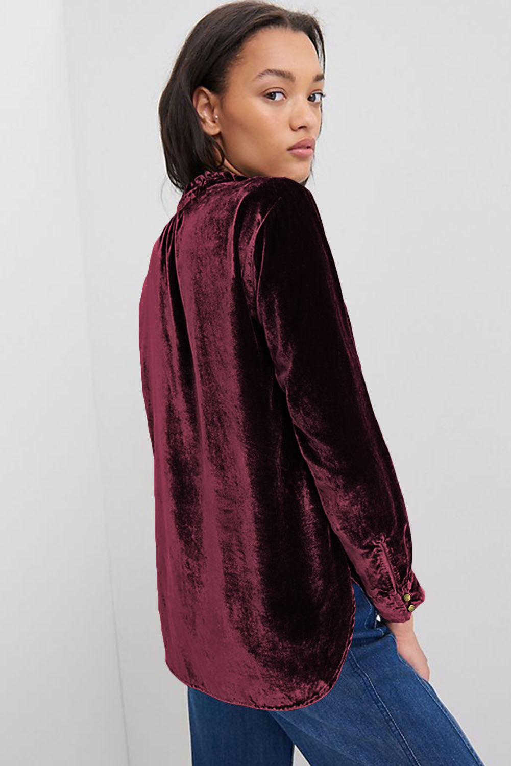 Biking Red Frilled Neck Buttoned Front Velvet Top