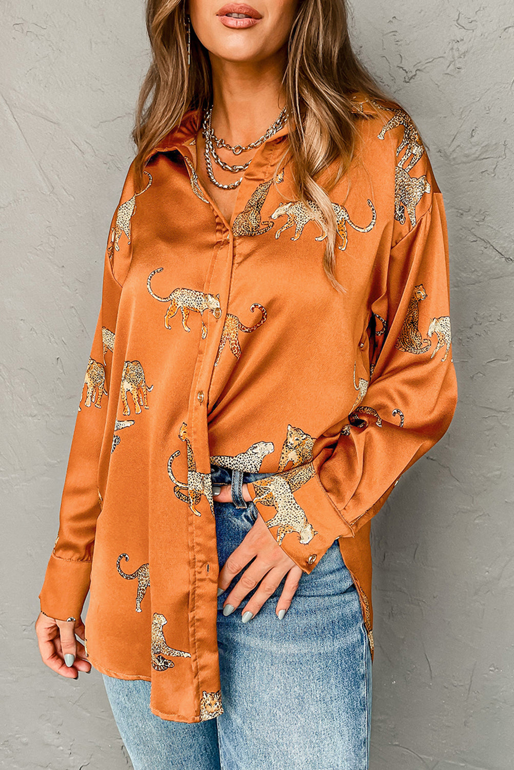 Russet Orange Animal Print Button Up Satin Tunic Shirt
