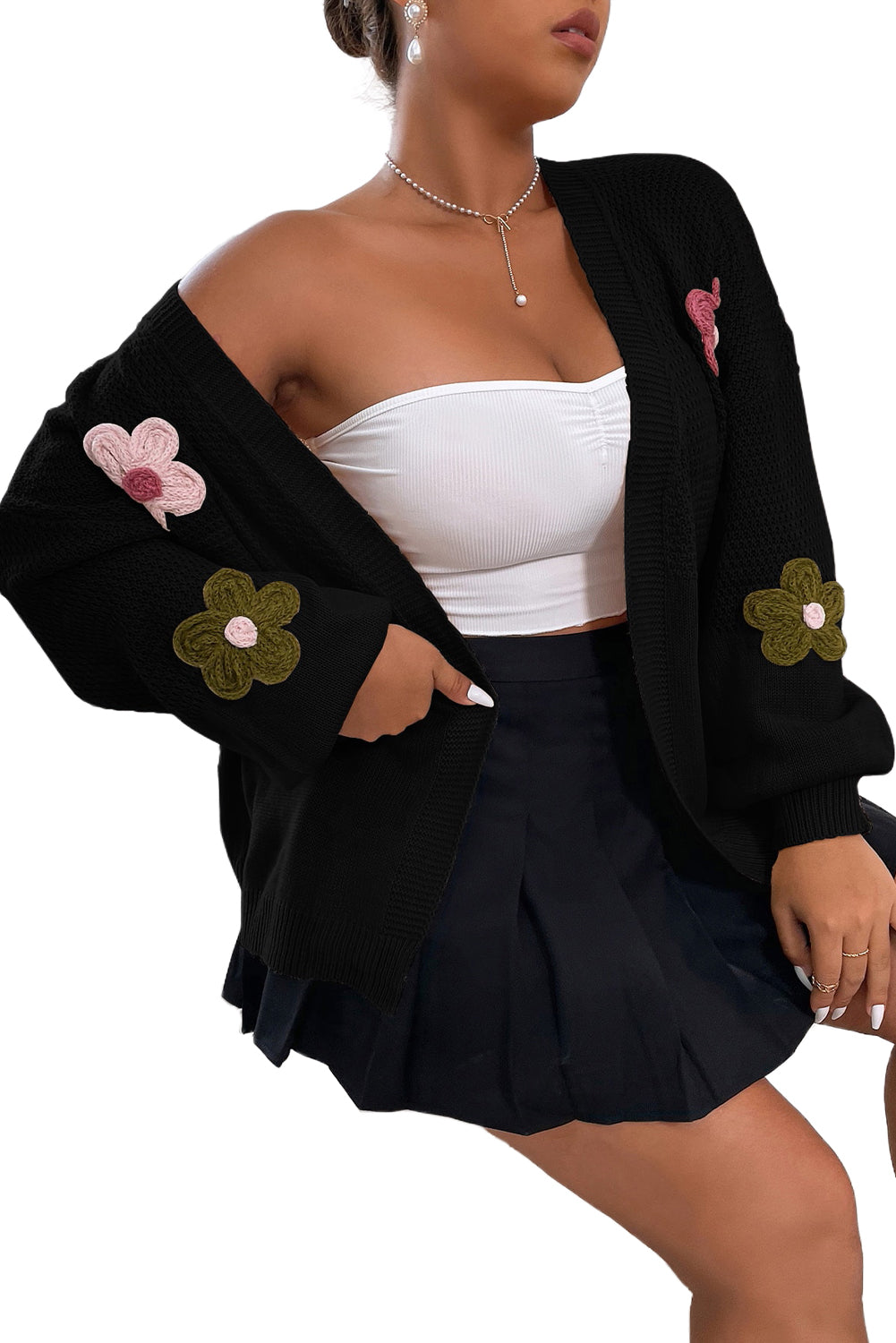 Black Floral Applique Drop Shoulder Bubble Sleeve Cardigan