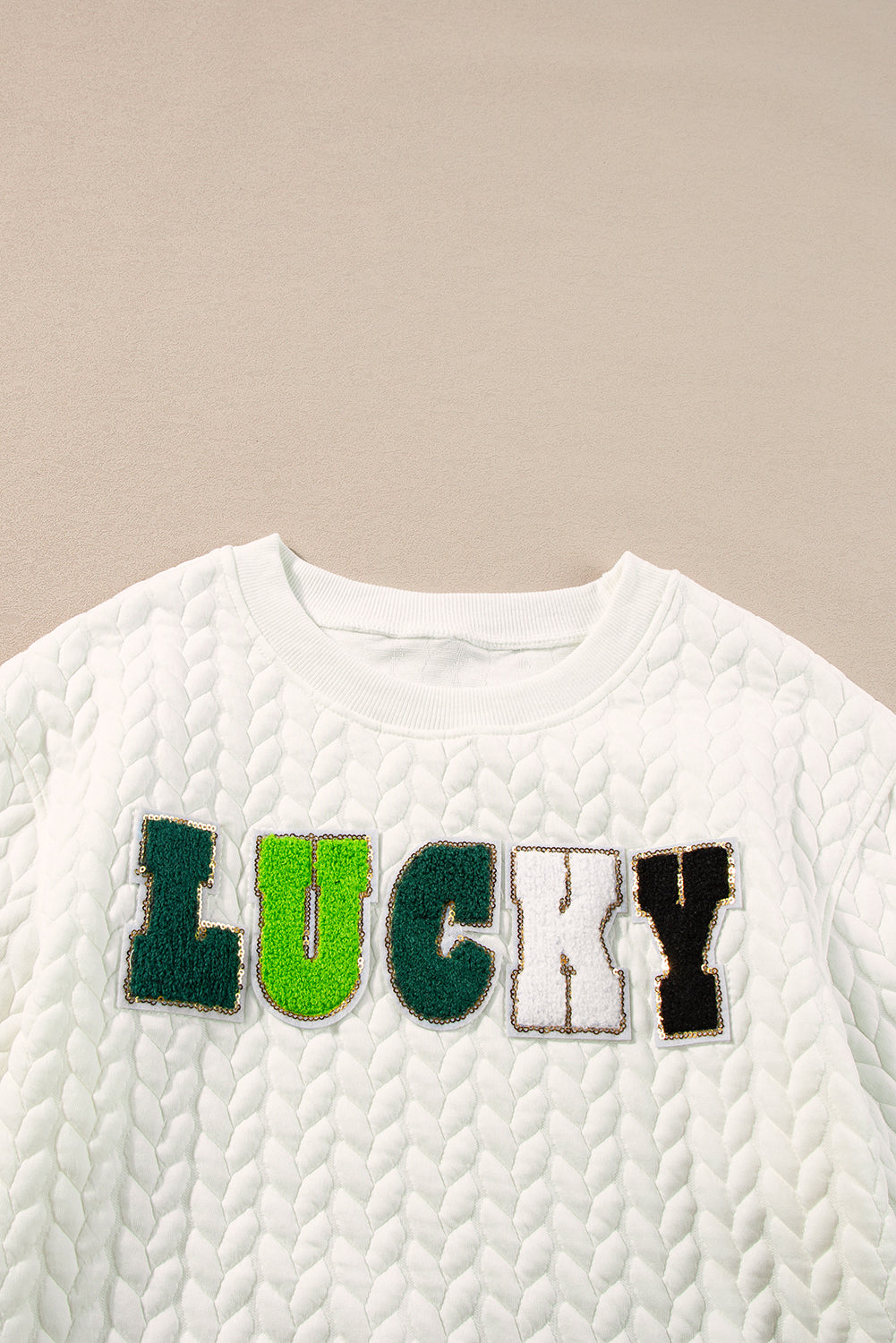 White Lucky Letter Patched Quilted Sweatshirt