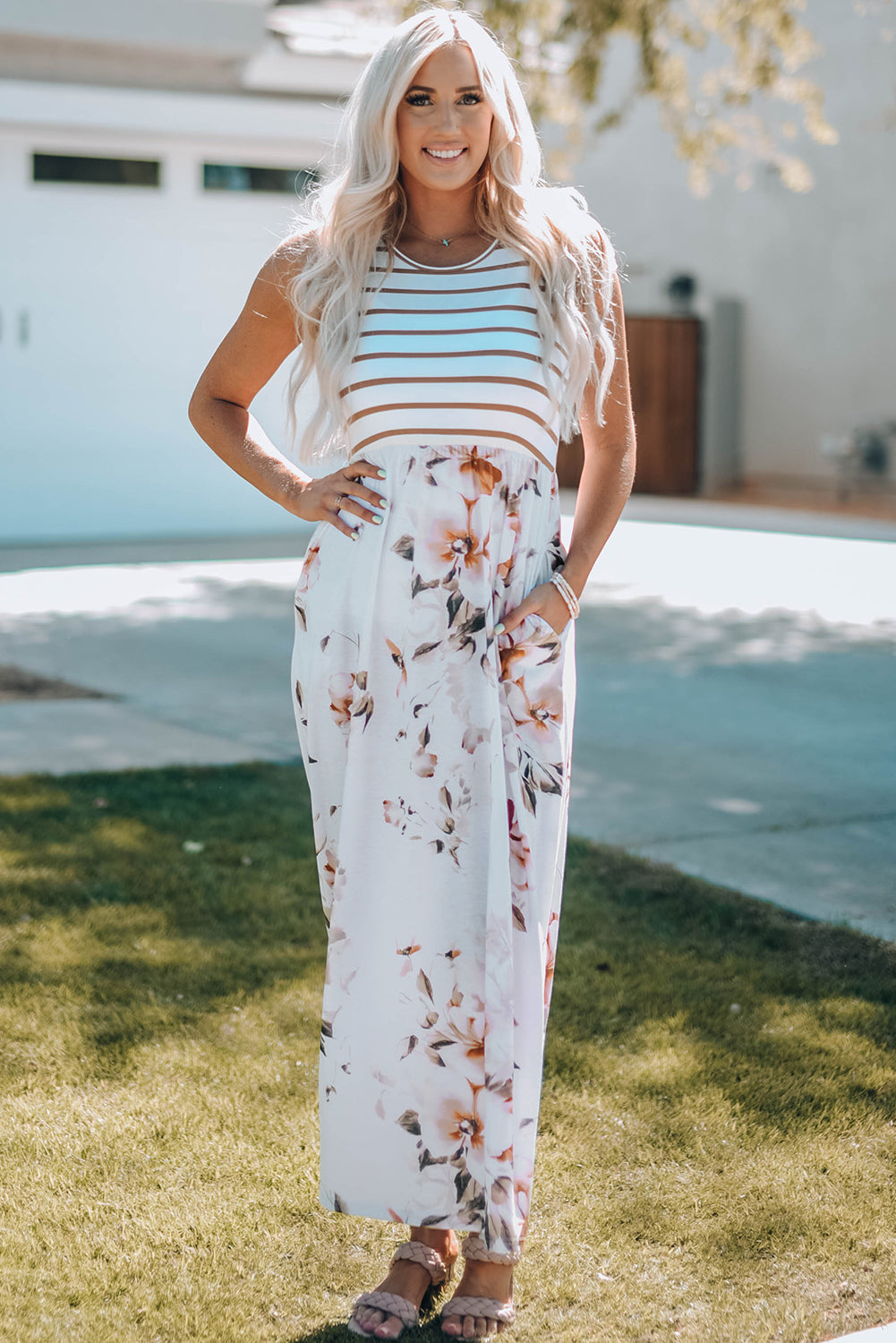 White Striped Floral Print Sleeveless Maxi Dress with Pocket