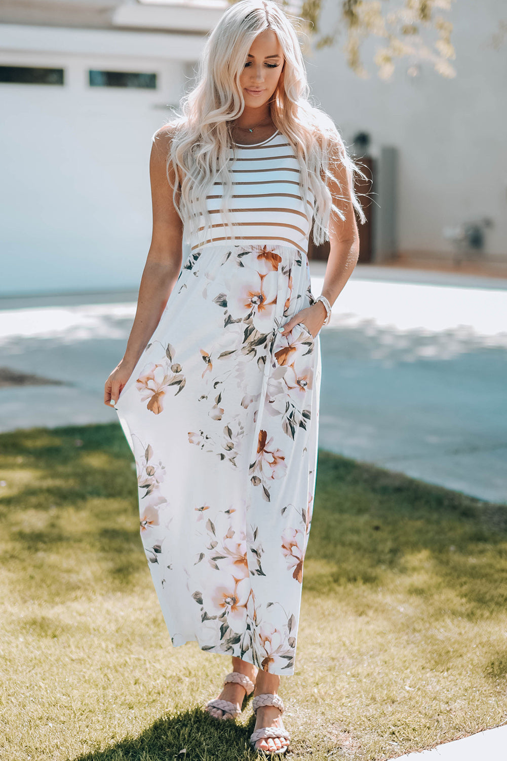 White Striped Floral Print Sleeveless Maxi Dress with Pocket