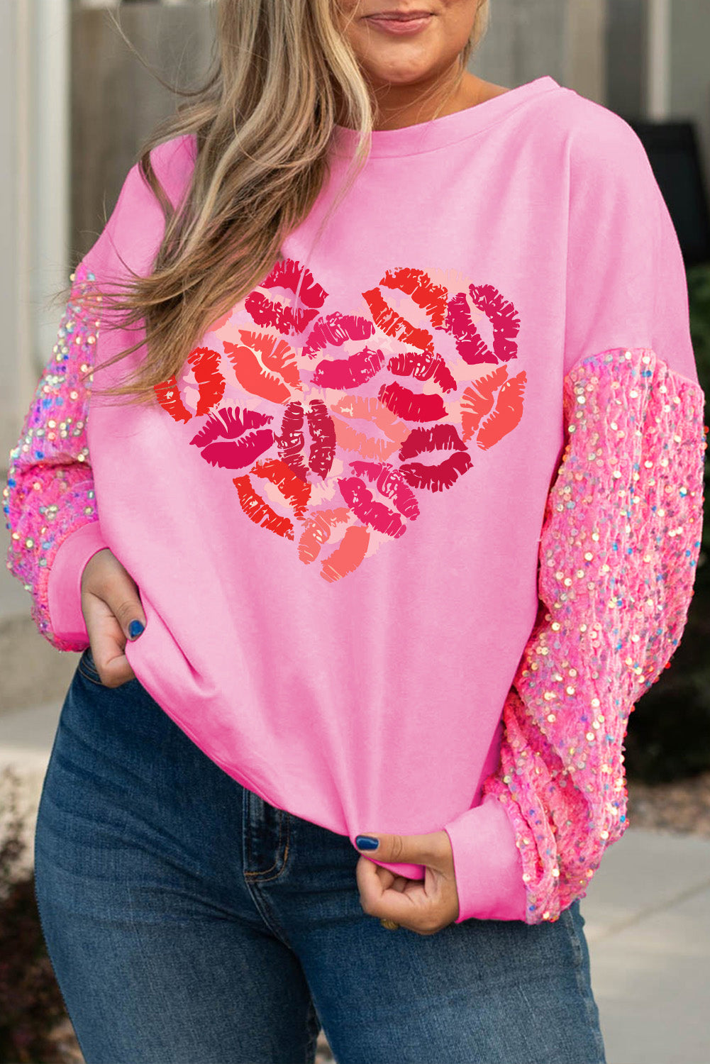 Pink Lip Heart Graphic Sequined Sleeve Plus Size Sweatshirt