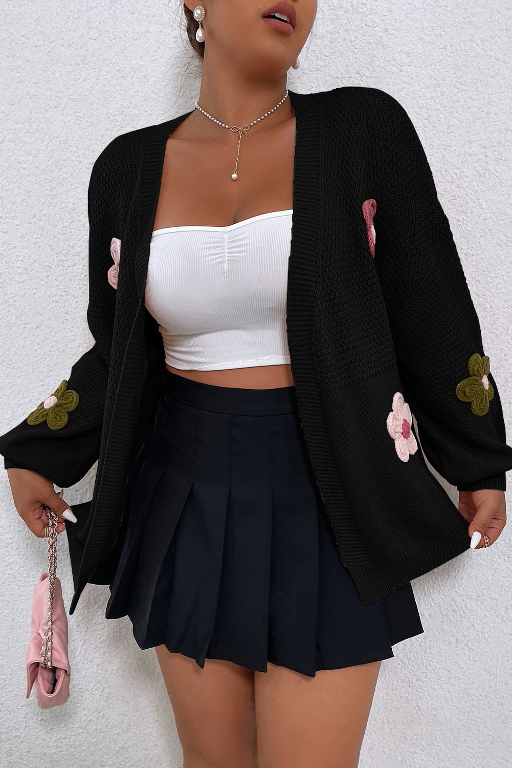 Black Floral Applique Drop Shoulder Bubble Sleeve Cardigan