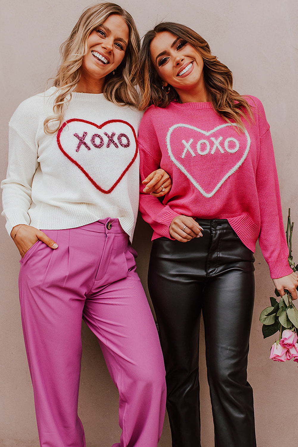 Rose Heart XOXO Pattern Casual Knitted Sweater