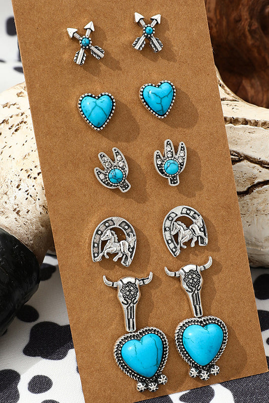 Silvery 6 Pairs Turquoise Alloy Stud Earrings