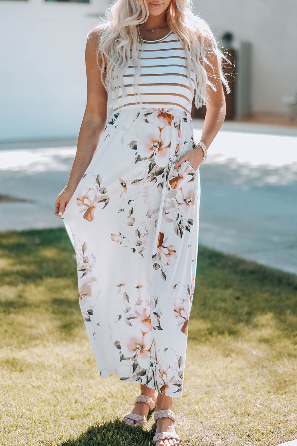 White Striped Floral Print Sleeveless Maxi Dress with Pocket